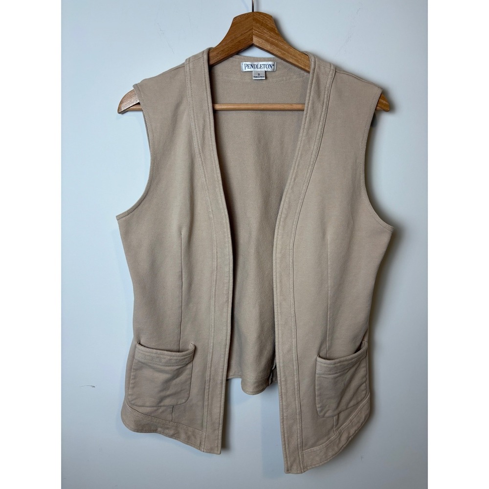 Pendleton Womens vest pockets Small Tan Beige Cotton Blend Open Front Small